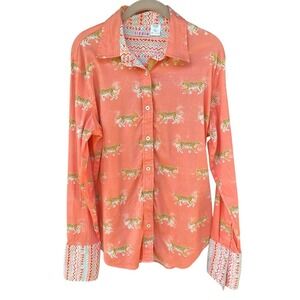 Tizzie by Dizzy Lizzie Shirt L Womens Large Peach Coral Leopard Cat Button Up